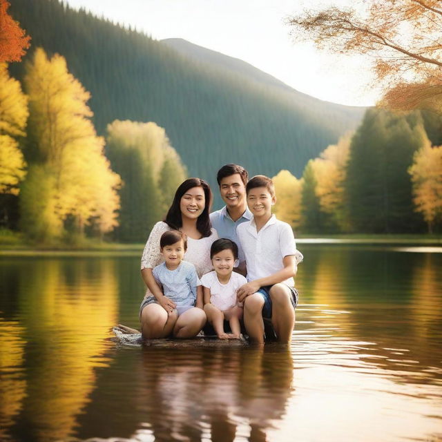 A heartwarming family photo taken in nature, with a picturesque backdrop of trees and a serene lake