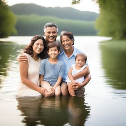 A heartwarming family photo taken in nature, with a picturesque backdrop of trees and a serene lake