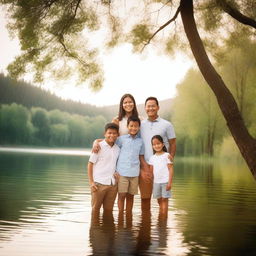 A heartwarming family photo taken in nature, with a picturesque backdrop of trees and a serene lake