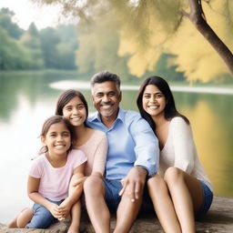 A heartwarming family photo taken in nature, with a picturesque backdrop of trees and a serene lake