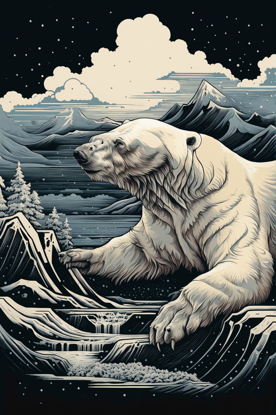 Create a screen print artwork of a polar bear in an Arctic setting with icy landscapes and snow-covered terrain