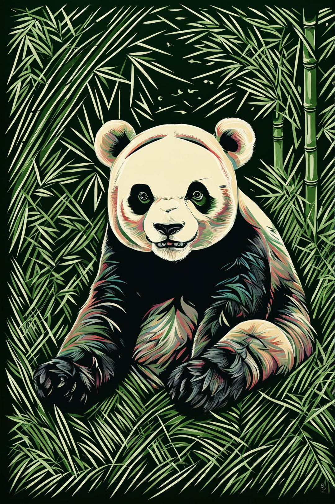 Create a screen print artwork of a panda bear in a bamboo forest setting with lush green bamboo stalks