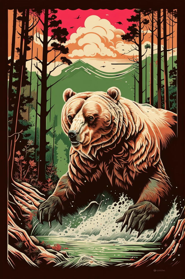 Create a screen print artwork of a brown bear in a forest setting with tall trees, dense foliage, and possibly a river