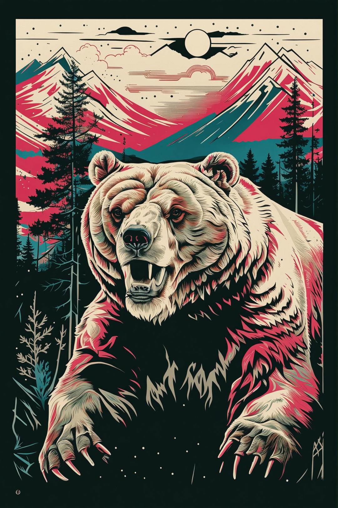 Create a screen print artwork of a bear in a natural setting like a forest, snowy landscape, or mountains