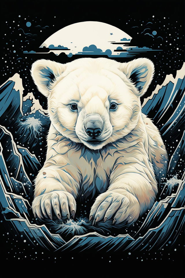 Create a screen print artwork of a polar bear cub in an Arctic setting with snow and ice