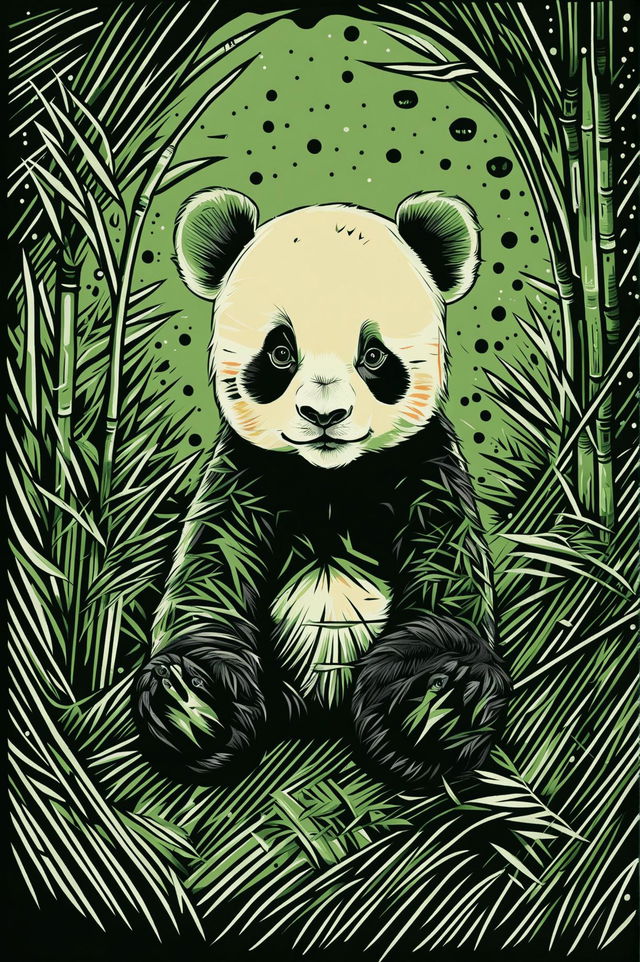 Create a screen print artwork of a panda cub in a bamboo forest setting with lush green bamboo