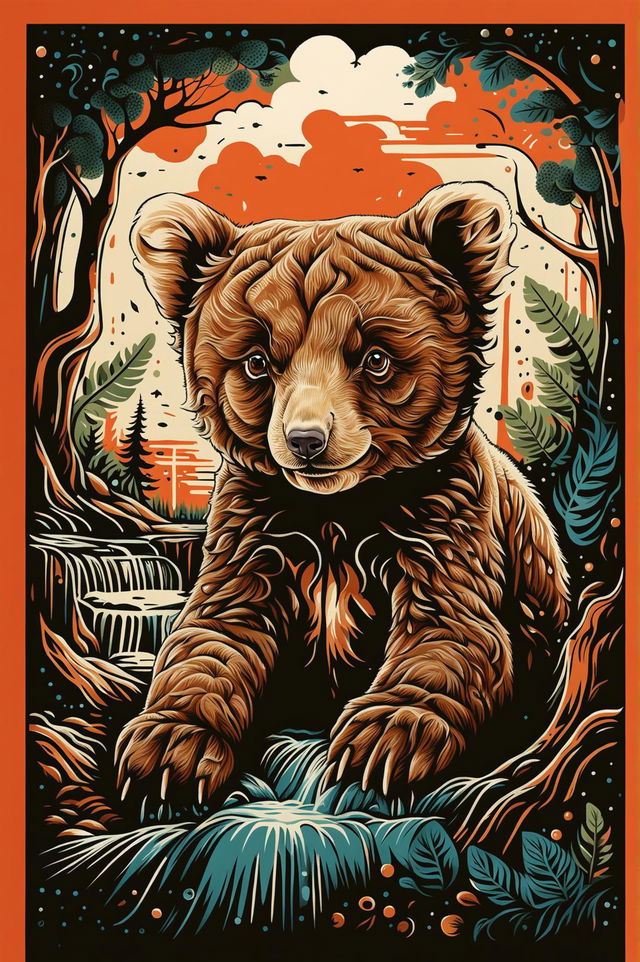 Create a screen print artwork of a brown bear cub in a forest setting with trees and foliage