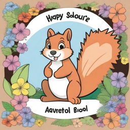 Create a book cover for a happy squirrel coloring book