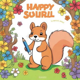 Create a book cover for a happy squirrel coloring book