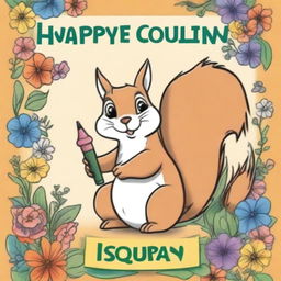 Create a book cover for a happy squirrel coloring book