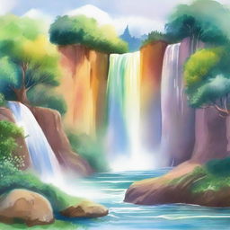 A beautiful rainbow arching over a cascading waterfall, painted in watercolor style