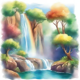 A beautiful rainbow arching over a cascading waterfall, painted in watercolor style