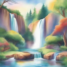 A beautiful rainbow arching over a cascading waterfall, painted in watercolor style