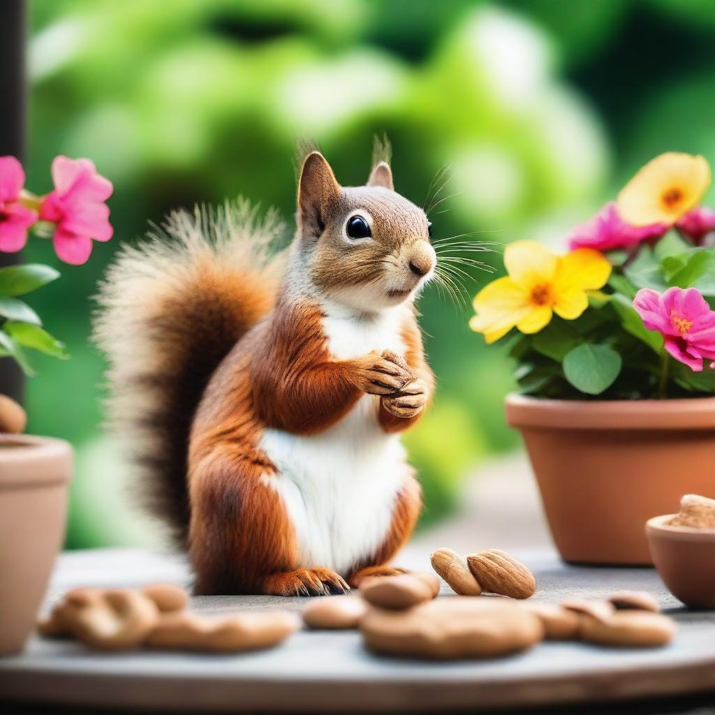 A happy squirrel sitting on a patio, eating a nut