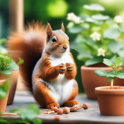 A happy squirrel sitting on a patio, eating a nut