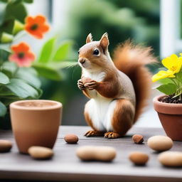 A happy squirrel sitting on a patio, eating a nut