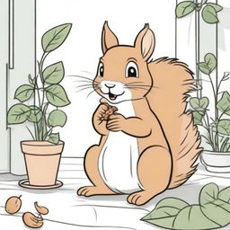 A happy squirrel sitting on a patio, eating a nut, illustrated in a simple and clear style suitable for a children's coloring book