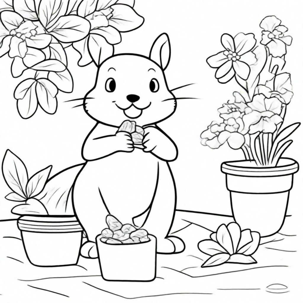 A happy squirrel sitting on a patio, eating a nut, illustrated in a simple and clear style suitable for a children's coloring book