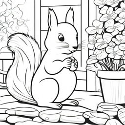 A happy squirrel sitting on a patio, eating a nut, illustrated in a simple and clear style suitable for a children's coloring book