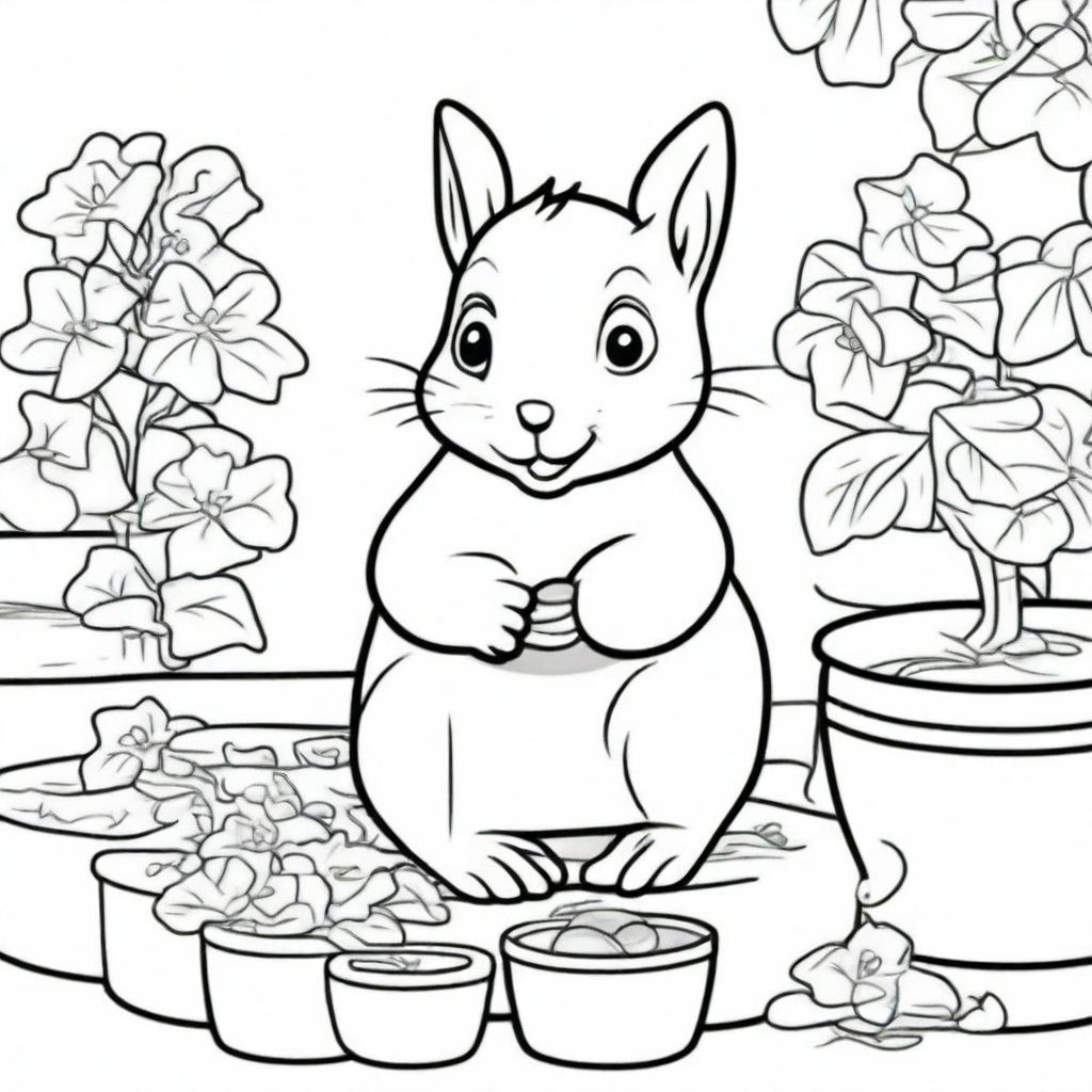 A happy squirrel sitting on a patio, eating a nut, illustrated in a simple and clear style suitable for a children's coloring book