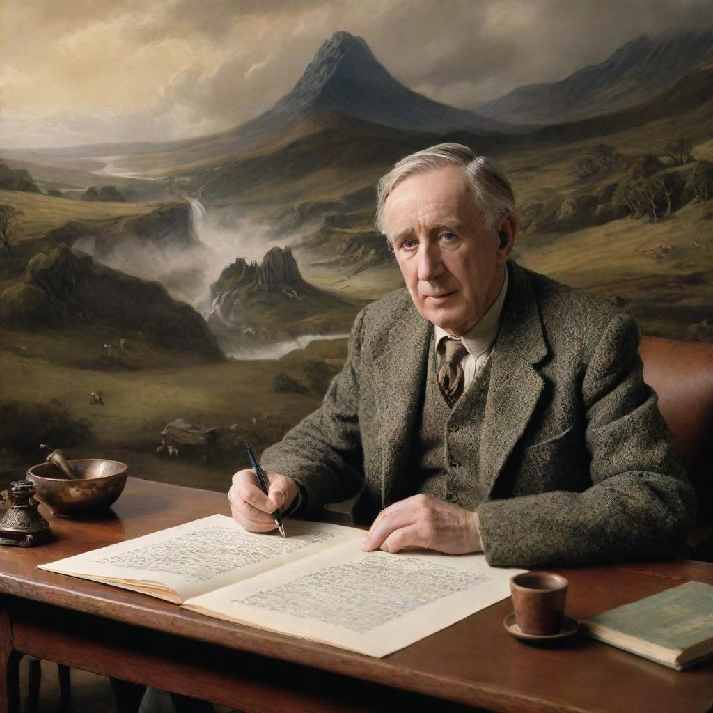 A classic portrait of J.R.R. Tolkien sitting at his desk, engrossed in writing, surrounded by a mystic landscape representing the fantastical world of Middle-Earth that he created.