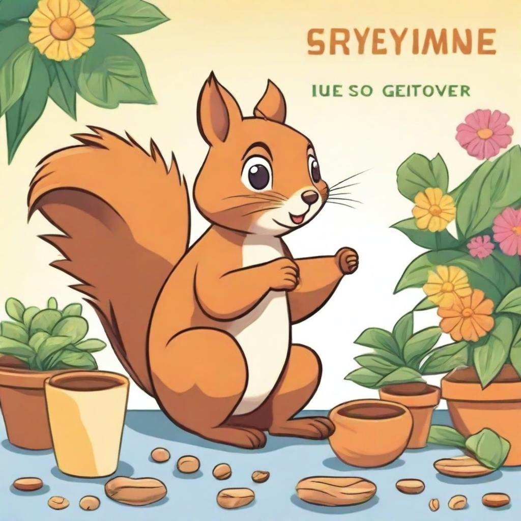 A happy squirrel sitting on a patio, eating a nut, illustrated in a playful and engaging style suitable for a children's coloring book cover