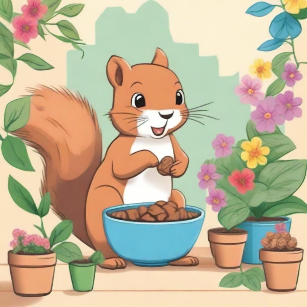 A happy squirrel sitting on a patio, eating a nut, illustrated in a playful and engaging style suitable for a children's coloring book cover