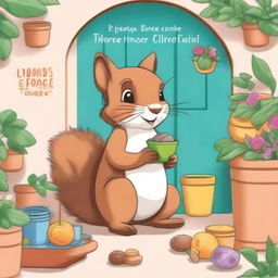 A happy squirrel sitting on a patio, eating a nut, illustrated in a playful and engaging style suitable for a children's coloring book cover