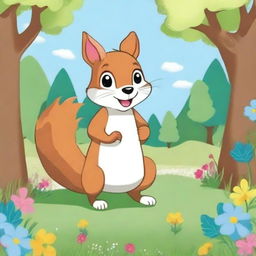 A happy squirrel standing on a grassy field, smiling and holding a nut, illustrated in a playful and engaging style suitable for a children's coloring book cover