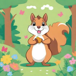 A happy squirrel standing on a grassy field, smiling and holding a nut, illustrated in a playful and engaging style suitable for a children's coloring book cover