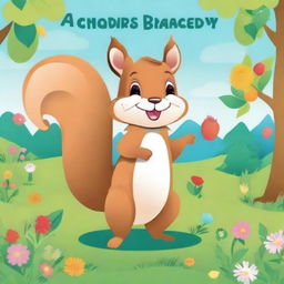 A happy squirrel standing on a grassy field, smiling and holding a nut, illustrated in a playful and engaging style suitable for a children's coloring book cover