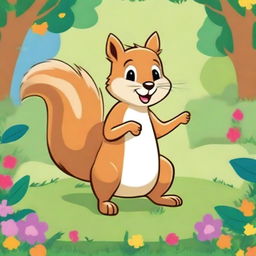 A happy squirrel standing on a grassy field, smiling and holding a nut, illustrated in a playful and engaging style suitable for a children's coloring book cover