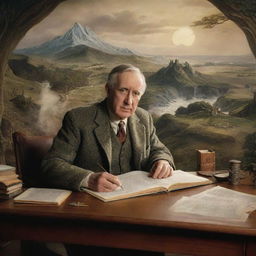 A classic portrait of J.R.R. Tolkien sitting at his desk, engrossed in writing, surrounded by a mystic landscape representing the fantastical world of Middle-Earth that he created.