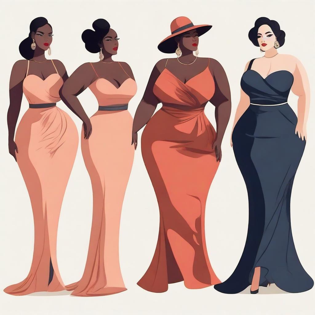 A tasteful and artistic depiction of women with curvaceous figures, wearing elegant and stylish clothing