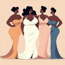 A tasteful and artistic depiction of women with curvaceous figures, wearing elegant and stylish clothing