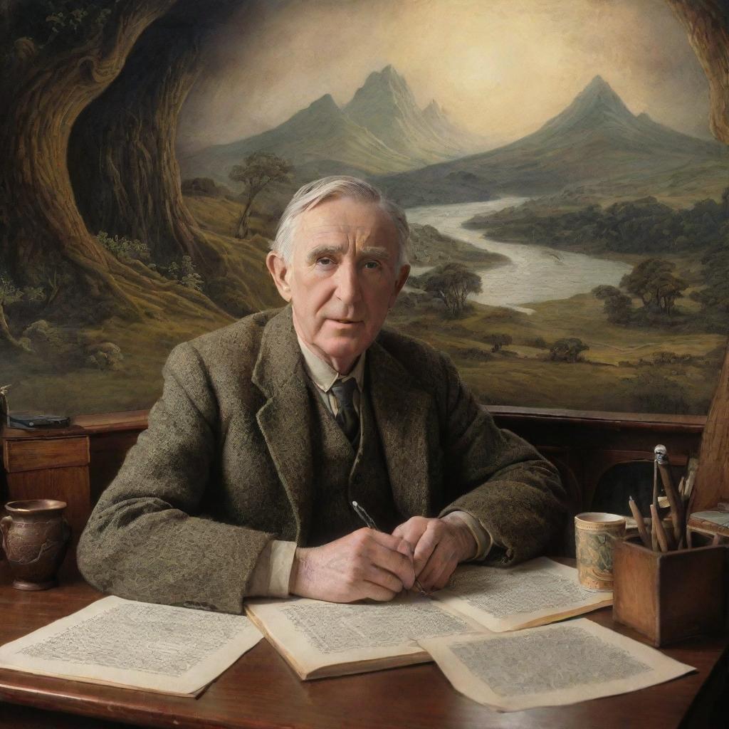 A classic portrait of J.R.R. Tolkien sitting at his desk, engrossed in writing, surrounded by a mystic landscape representing the fantastical world of Middle-Earth that he created.