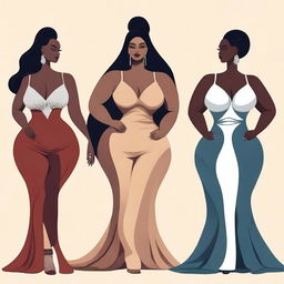 A tasteful and artistic depiction of women with curvaceous figures, wearing elegant and stylish clothing