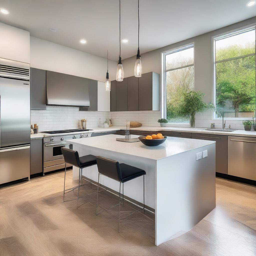 A modern kitchen with sleek countertops, stainless steel appliances, and bright lighting