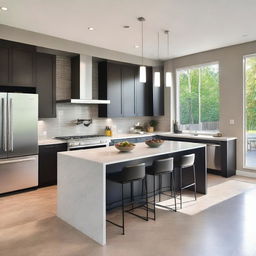 A modern kitchen with sleek countertops, stainless steel appliances, and bright lighting