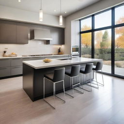 A modern kitchen with sleek countertops, stainless steel appliances, and bright lighting