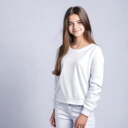 A teenage girl wearing a white outfit, standing in a casual pose