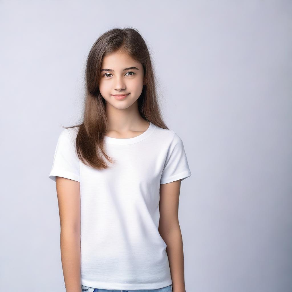 A teenage girl wearing a white outfit, standing in a casual pose