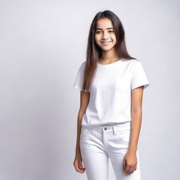 A teenage girl wearing a white outfit, standing in a casual pose