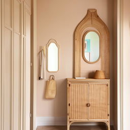 A classic, small entrance hall with modern influence, featuring a rattan closet. The color scheme boasts shades of beige and pistachio, and is completed by a tastefully positioned mirror.