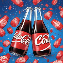 A detailed digital illustration of a Coca-Cola bottle and a Pepsi bottle clinking together in a celebratory manner