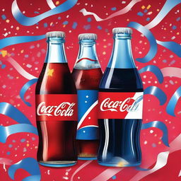 A detailed digital illustration of a Coca-Cola bottle and a Pepsi bottle clinking together in a celebratory manner