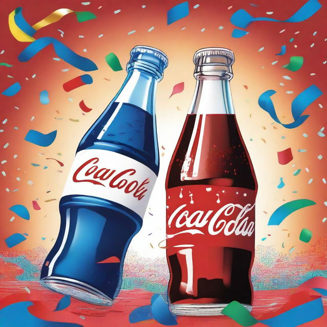 A detailed digital illustration of a Coca-Cola bottle and a Pepsi bottle clinking together in a celebratory manner