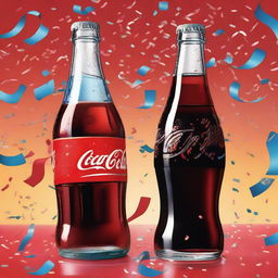 A detailed digital illustration of a Coca-Cola bottle and a Pepsi bottle clinking together in a celebratory manner