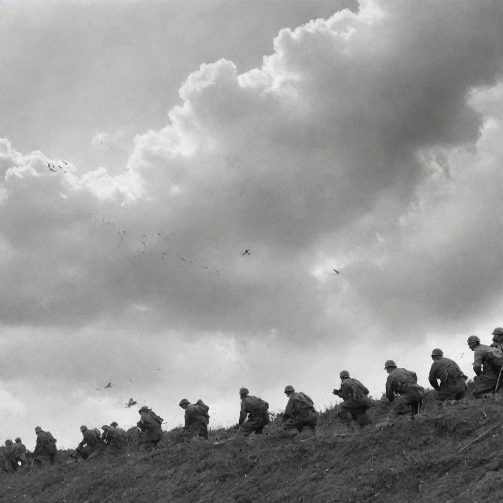 A historic black and white scene from World War 2 showing soldiers in trenches, with fighter planes streaking across the cloudy sky overhead.