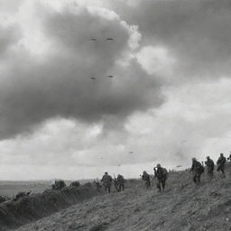 A historic black and white scene from World War 2 showing soldiers in trenches, with fighter planes streaking across the cloudy sky overhead.